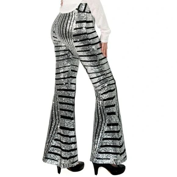 NEW! Sequin Flare Leg Pants - Silver and Black - Picture 2 of 5